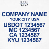 company name, city, usdot, mc, ca & kyu number decal
