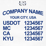 company name, location, usdot, mc, ca & kyu number decal sticker