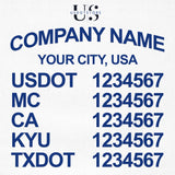 company name, city, usdot, mc, ca, kyu & txdot number decal sticker