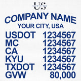 company name, location, usdot, mc, ca, kyu, txdot & gvw number decal sticker