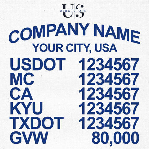company name, location, usdot, mc, ca, kyu, txdot & gvw number decal sticker