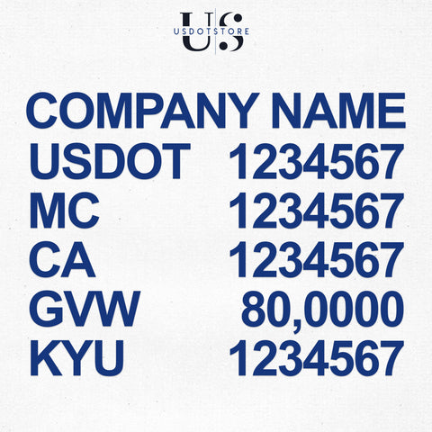 company name with usdot, mc, ca, gvw, kyu number decal stickers