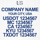 company name, city, usdot, mc, ca, kyu & txdot