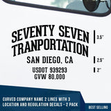 Curved Company Name 2 Line + 3 Location or Regulation Number Decal, (Set of 2)