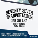 arched company name decal with location, usdot, gvw
