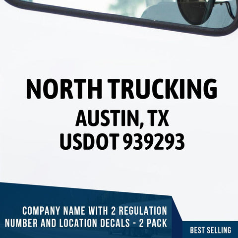 Company name decal with location and usdot number