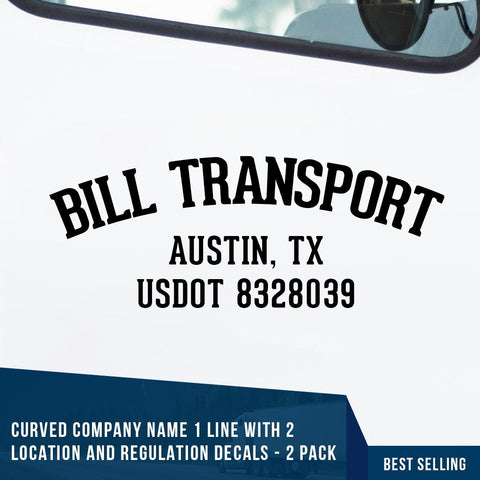 arched company name decal, with location and usdot