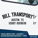 Curved Company Name 1 Line + 2 Location or Regulation Number Decal, (Set of 2)