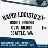 Curved Company Name 1 Line + 3 Location or Regulation Number Decal, (Set of 2)