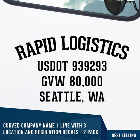 arched company name decal with gvw, location