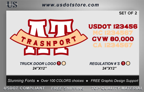 Company Transport Name | USDOT + MC + CA +GVW Truck Number Lettering Decals Set of two
